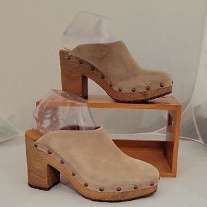 Kork-Ease Beige Suede Mules with Wooden Heel